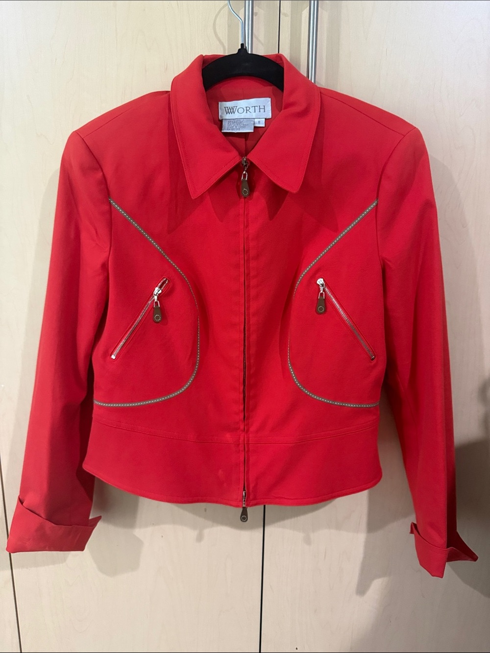 Worth Red Zip-Front Bomber Jacket with Contrast Piping